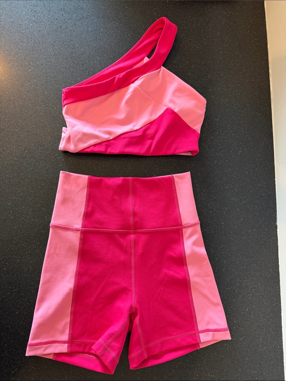 Jo+Jax  Pink Colorblock One-Shoulder Sports Bra & High-Waist Bike Shorts